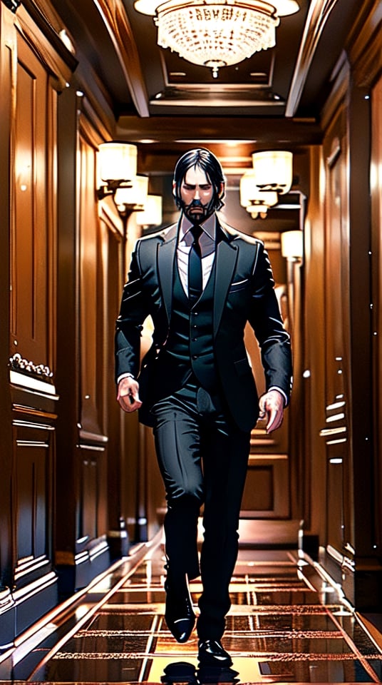 John Wick runs down a hotel hallway firing his gun