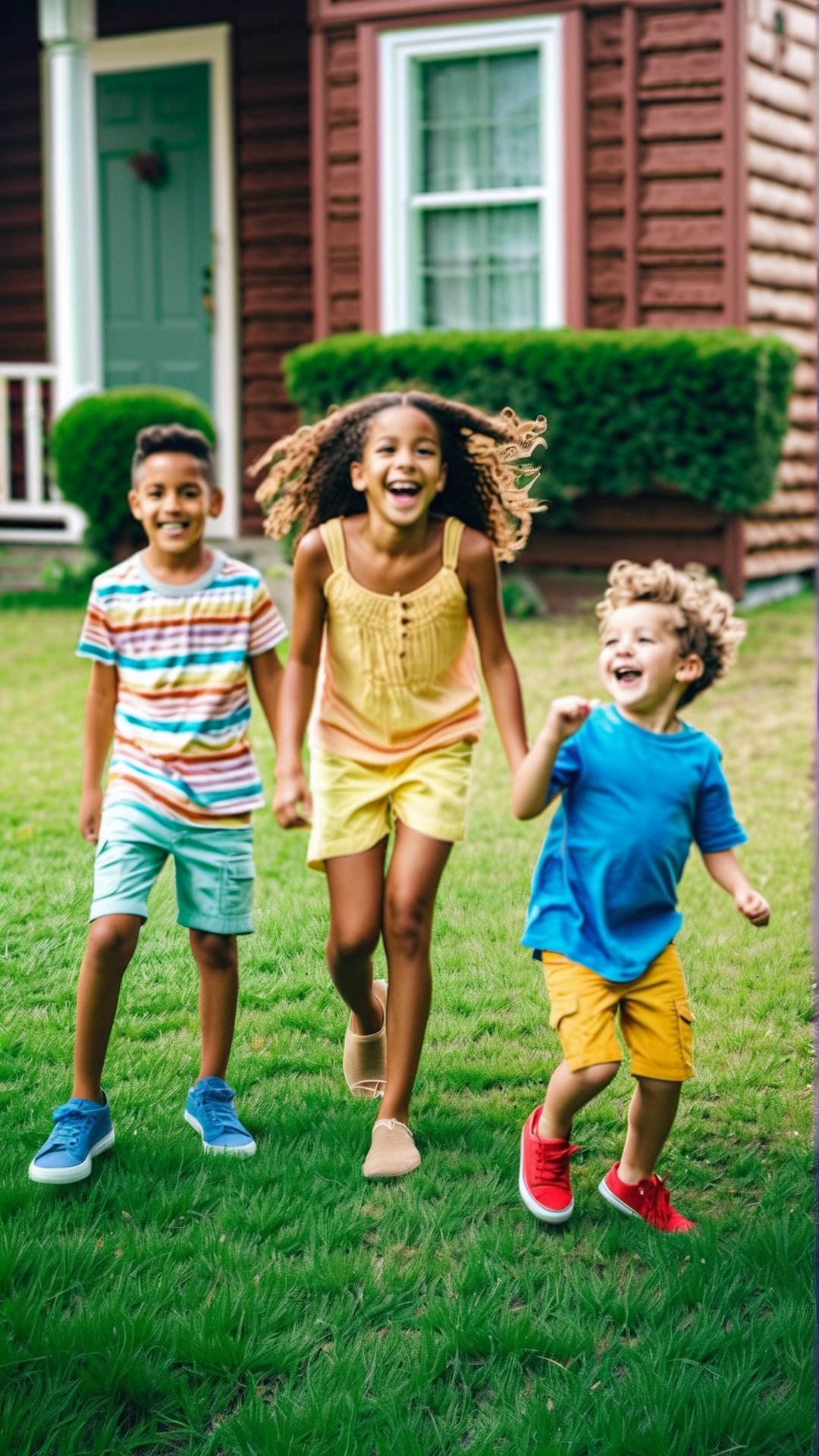 Masterpiece, bestquality,4K,highres, ultra-detailed, 

wide angle picture of a group of happy children playing in the front yard of a suburban house, distinct ethnicities, distinct hair color distinct hairstyles, distinct outfits, casual summer outfits, 