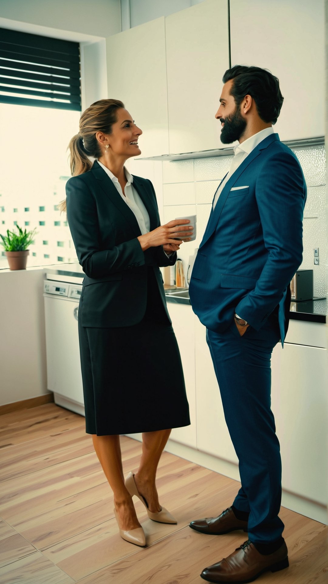 Masterpiece, bestquality,4K,highres, ultra-detailed, 

wide angle picture of handsome young Lebanese man and a beautiful middle aged swedish woman talking in an office kitchen, professional outfits, formal suit,