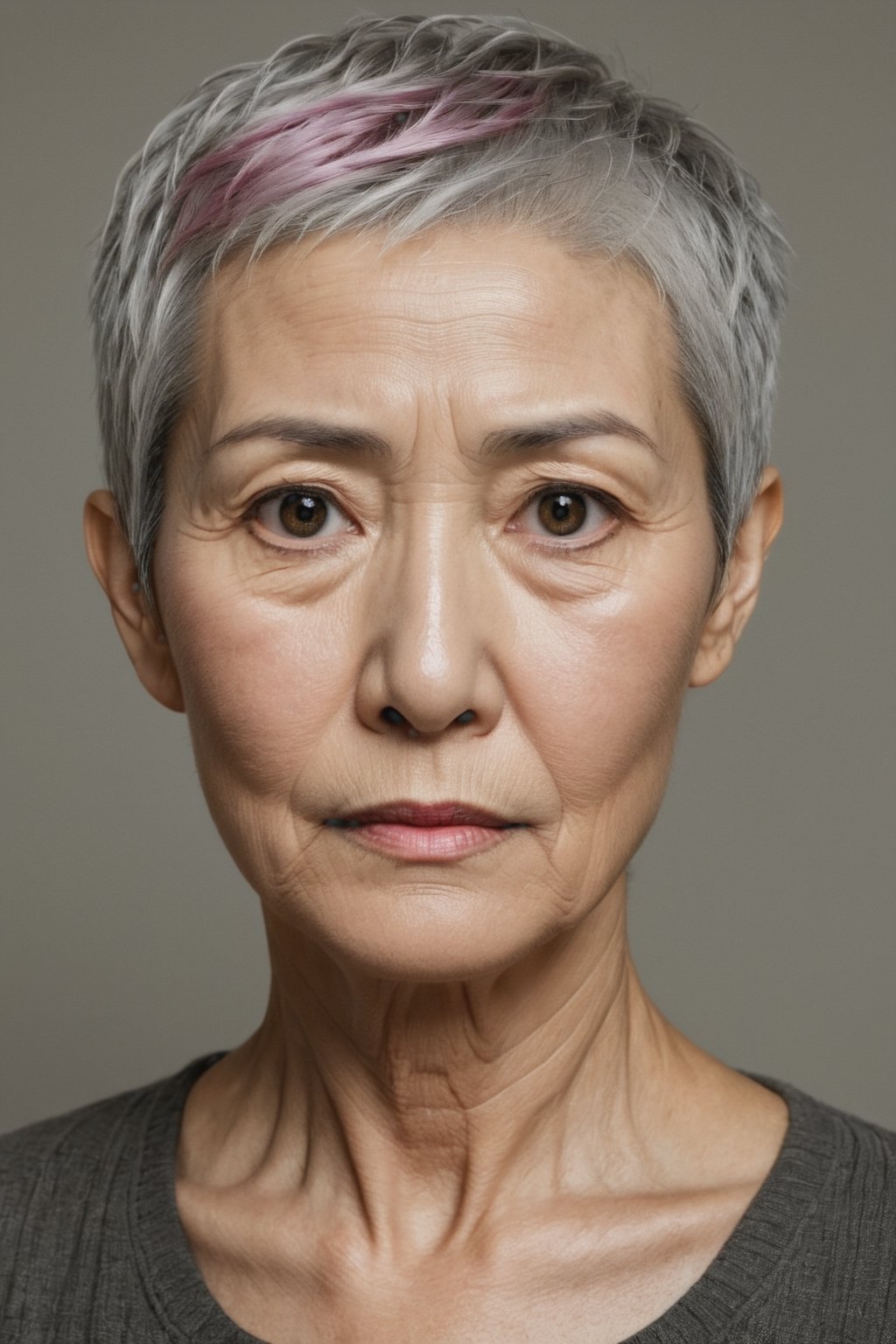 ((masterpiece, best quality)), absurdres, (Photorealistic 1.2), sharp focus, highly detailed, top quality, Ultra-High Resolution, HDR, 8K, epiC35mm, film grain, moody photography, (color saturation:-0.4), lifestyle photography,

(((Headshot portrait))), Japanese old lady, (((70 years old))),  very short pixie grey_hair, black_eyes, very wrinkly skin, LotR style,photorealistic, (Meowko:0.6),buzzcut