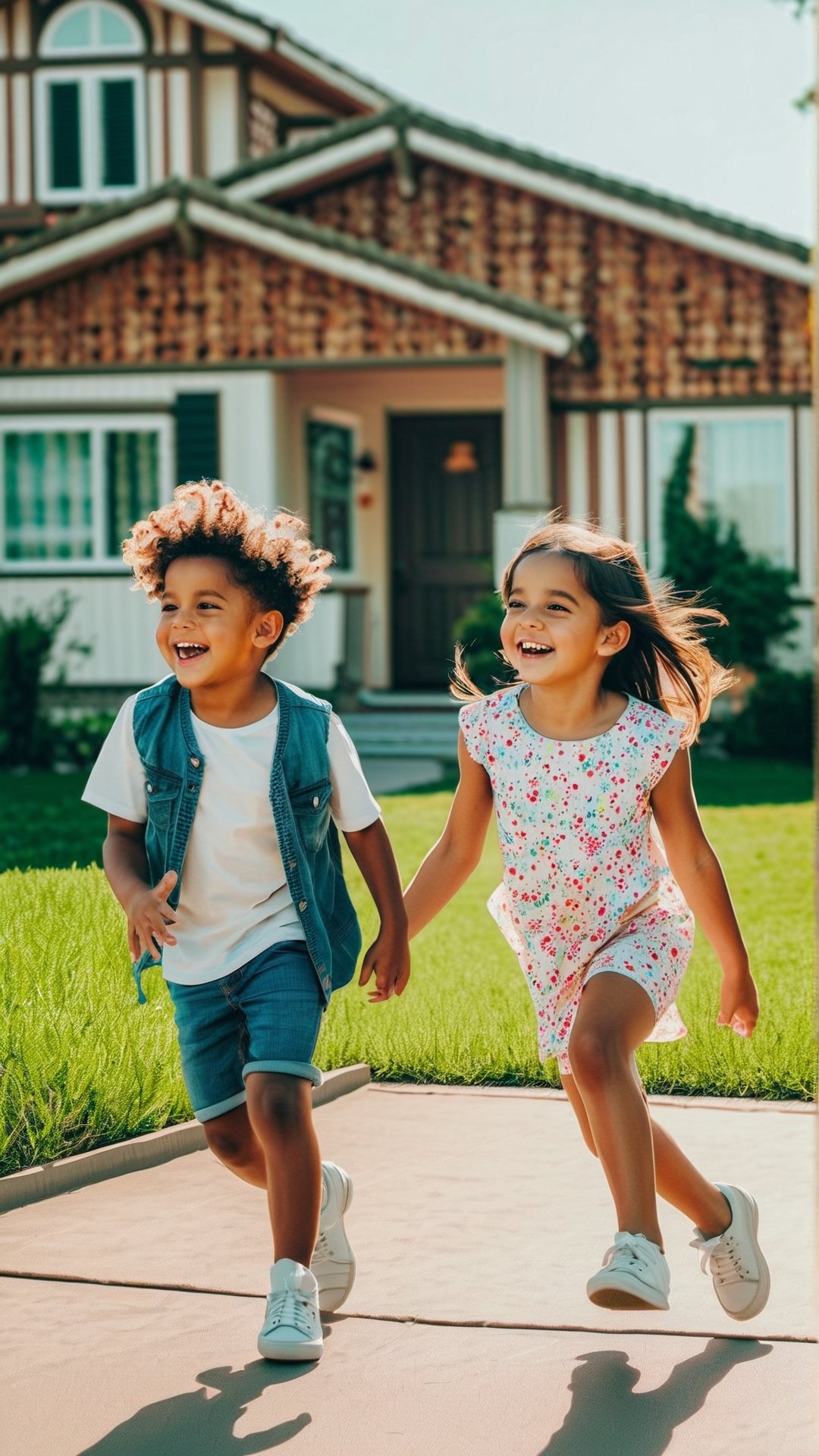 Masterpiece, bestquality,4K,highres, ultra-detailed, 

wide angle picture of a group of happy children playing in the front yard of a suburban house, distinct ethnicities, distinct hair color distinct hairstyles, distinct outfits, casual summer outfits, 