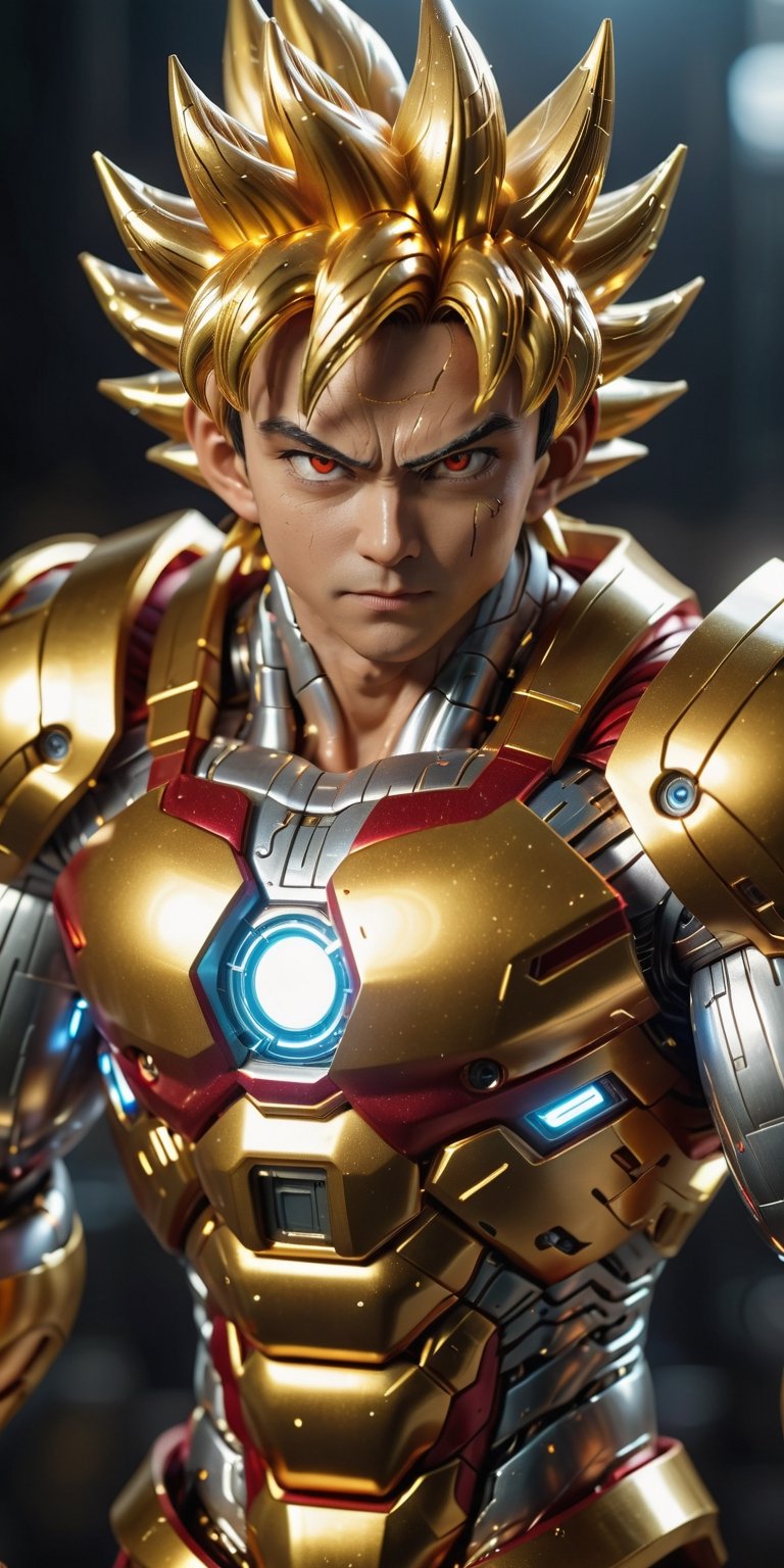 (8k uhd, masterpiece, best quality, high quality, absurd, ultra detailed, detailed background, centralized, full length portrait), Cyborg version of (son goku). sole_male, anthropomorphic monkey, golden fur, muscular, divine, charismatic, mischievous. | A perfect combination between Son goku super saian god and a futuristic cyborg. | (((mixed red and gold color theme))). cables, gears, instead of muscles and hair ((bright eyes,
Luminous_iris )), detailed facial expressions, ((H.R.Geiger)), intricate details,,
dynamic lighting, bokeh.,EpicSky,cyborg style,HellAI,cyborg,android,hdsrmr