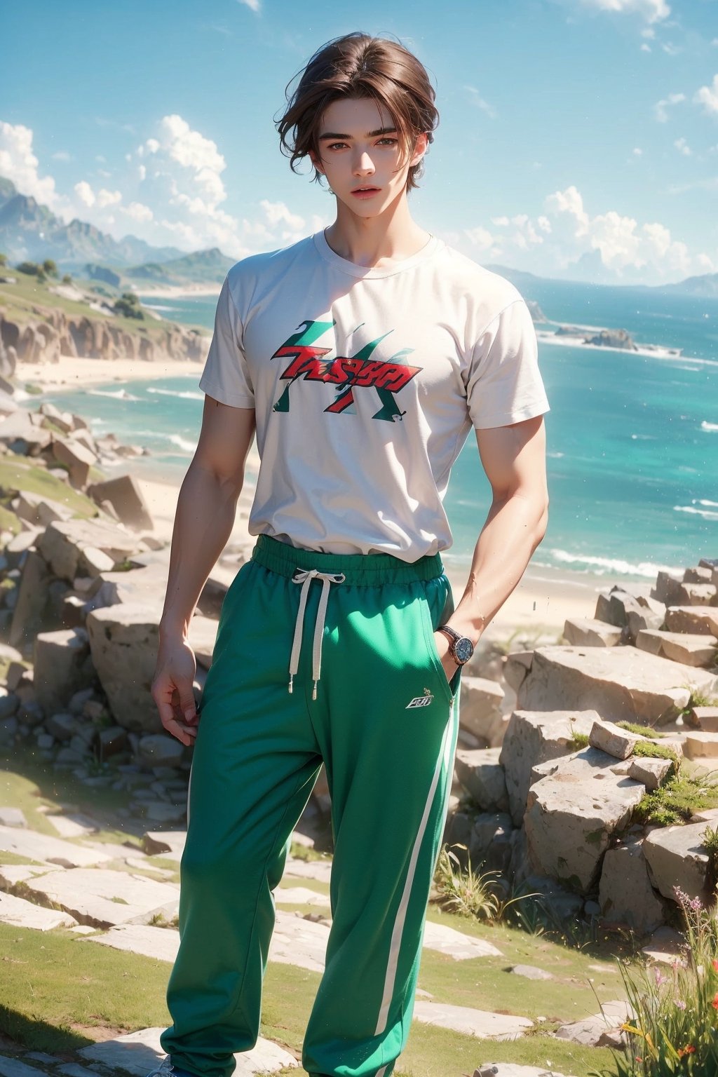 We create a hyper-realistic handsome man ((18 years old, ), in the mountains overlooking the sea, moderately thin, full height, green eyes, perfect chin, short brown hair, thick eyebrows, pale skin, sweatpants, white T-shirt, flash