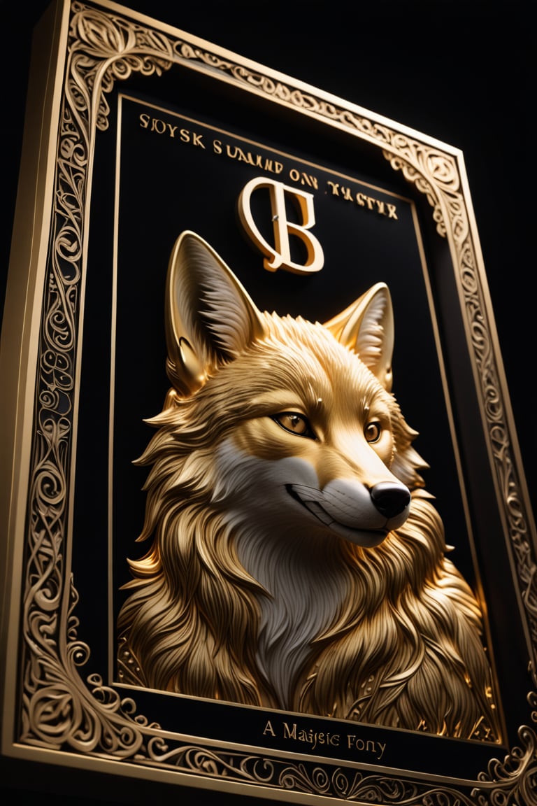 A majestic golden FOX STORY monogrammed on a sleek black background. The camera frames the metallic letters from a low angle, emphasizing their grandeur. Softbox lighting casts a warm glow, highlighting the intricate details of the engraving. The composition is simple yet powerful, with the TA centered and surrounded by darkness.