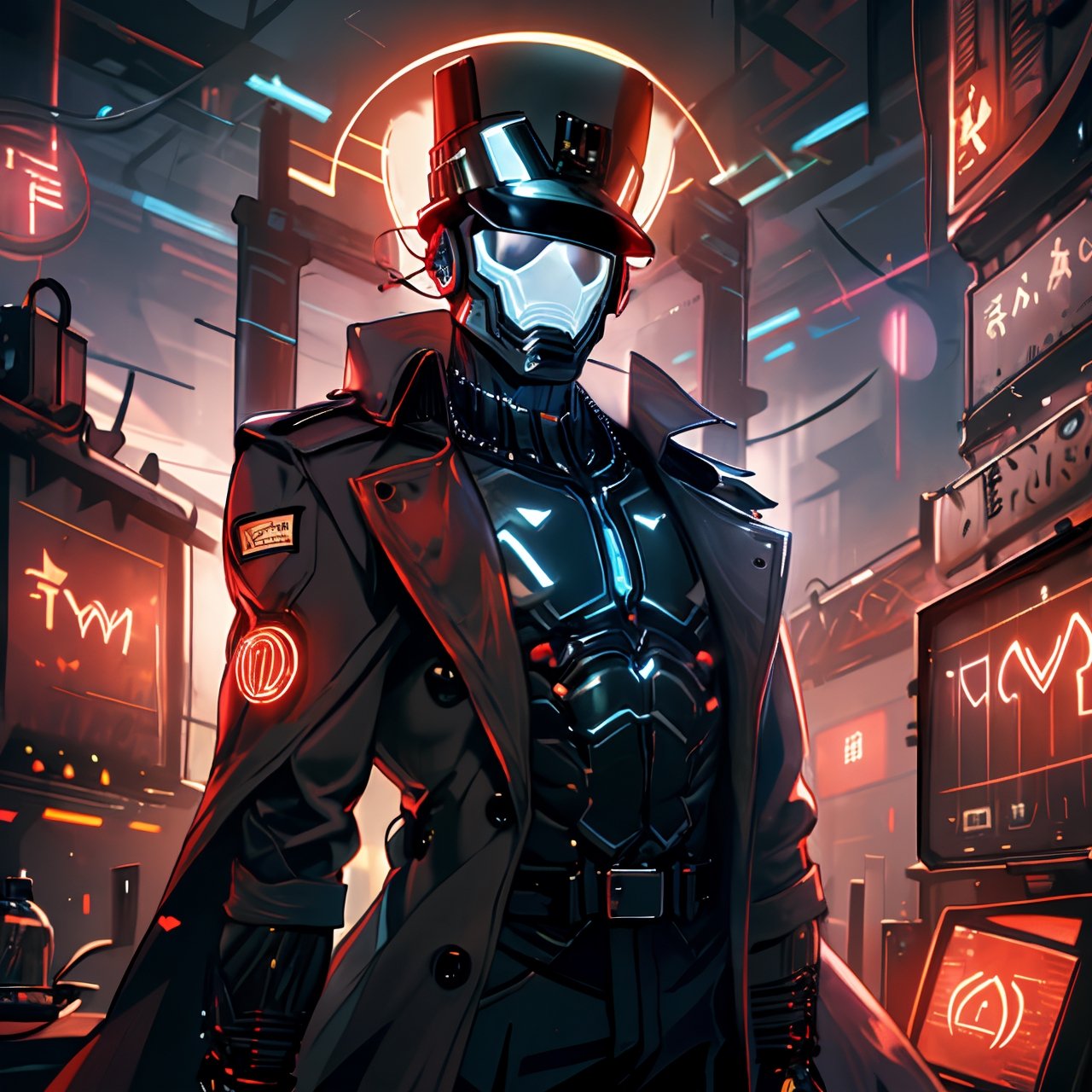 8k, cyber city, solo, male, upper body, cute, tron, faceless helmet, electro-cardiogram, soft felt hat, fedora, noir, Rust,rokudenashi, muscular, trench coat,adstech,DonM0ccul7Ru57,Black Hat