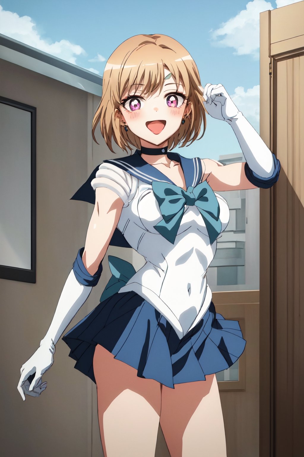 Highly detailed, High quality, Masterpiece, Beautiful, high detailed, Anime, 1girl, solo ,(cowboy  shot) , smile, blonde hair,, red eyes,  blonde hair,red eyes, long hair, rooftop,Waifu, smile, white leotard,short hair, short hair, blue eyes, skirt, white gloves,  tiara, choker, solo, pleated skirt, blue skirt, smile, gloves, circlet, blue choker, open mouth, elbow gloves, sailor collar, back bow, sailor senshi uniform, jewelry, bow, blue bow, magical girl, blue sailor collar,EPsmSailorMercury