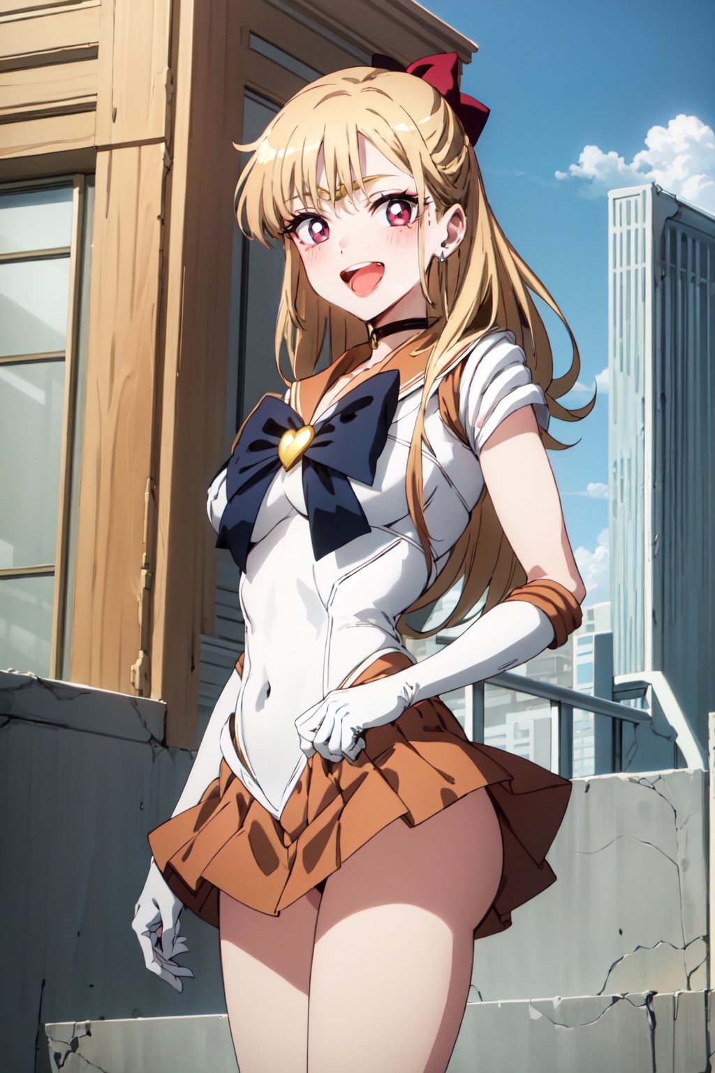 Highly detailed, High quality, Masterpiece, Beautiful, high detailed, Anime, 1girl, solo ,(cowboy  shot) ,full body, smile, blonde hair,, red eyes,  blonde hair,red eyes, long hair, very long hair, white leotard, rooftop, Waifu,EPsmSailorVenus, smile, orange choker, back bow, looking at viewer, red bow, pleated skirt, cowboy shot, long hair, gloves, heart, red bow, sailor collar, hair bow, white gloves, blue bow, open mouth, orange sailor collar, half updo, solo, shiny, elbow gloves, jewelry, earrings, miniskirt, orange skirt, tiara, choker, sailor senshi uniform, magical girl, skirt, white leotard