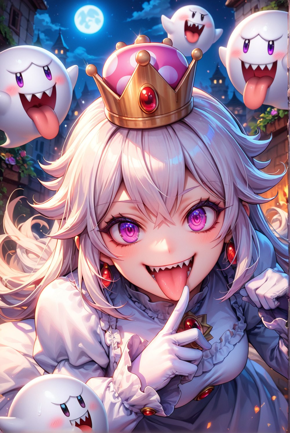 score_9, score_8_up, score_7_up, source_anime, 1girl, beautiful detailed eyes, ((masterpiece,best quality)), absurdres, solo, Boosette, fang, sharp teeth, sticking out her tongue, public indecency, degenerate face, lewd face, (crown:1.1), long hair, white hair, purple eyes, white dress, long sleeves, white gloves, smile, curvy, head tilt, night, boo_(mario),  dynamic action, dynamic angle, dynamic shot
