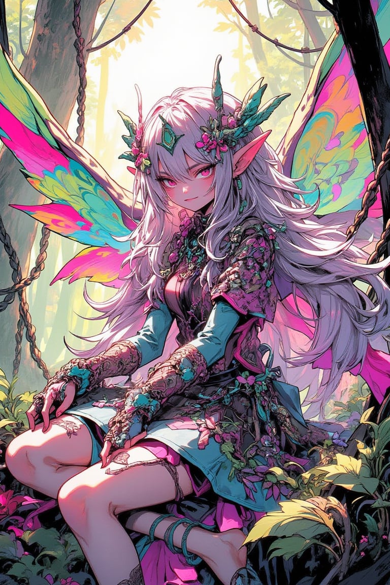 A whimsical fairy creature with long, flowing hair and colorful wing-like appendages sits under the sunlight, the fairy's expression appears to be smiling gently, a beautiful fantasy forest,
This illustration features highly detailed and imaginative character designs with intricate textures, patterns and colors. The fairy's clothing and accessories blend natural and fantastical elements, creating a unique and fascinating visual style,
The composition is dynamic, with the fairy's pose and swaying ropes adding a sense of movement and energy to the scene. The soft, pastel colors and overall dreamy texture give this illustration an appealing, storybook-like aesthetic that will appeal to a wide audience. ,Made in abyss manga,kawaiicolors