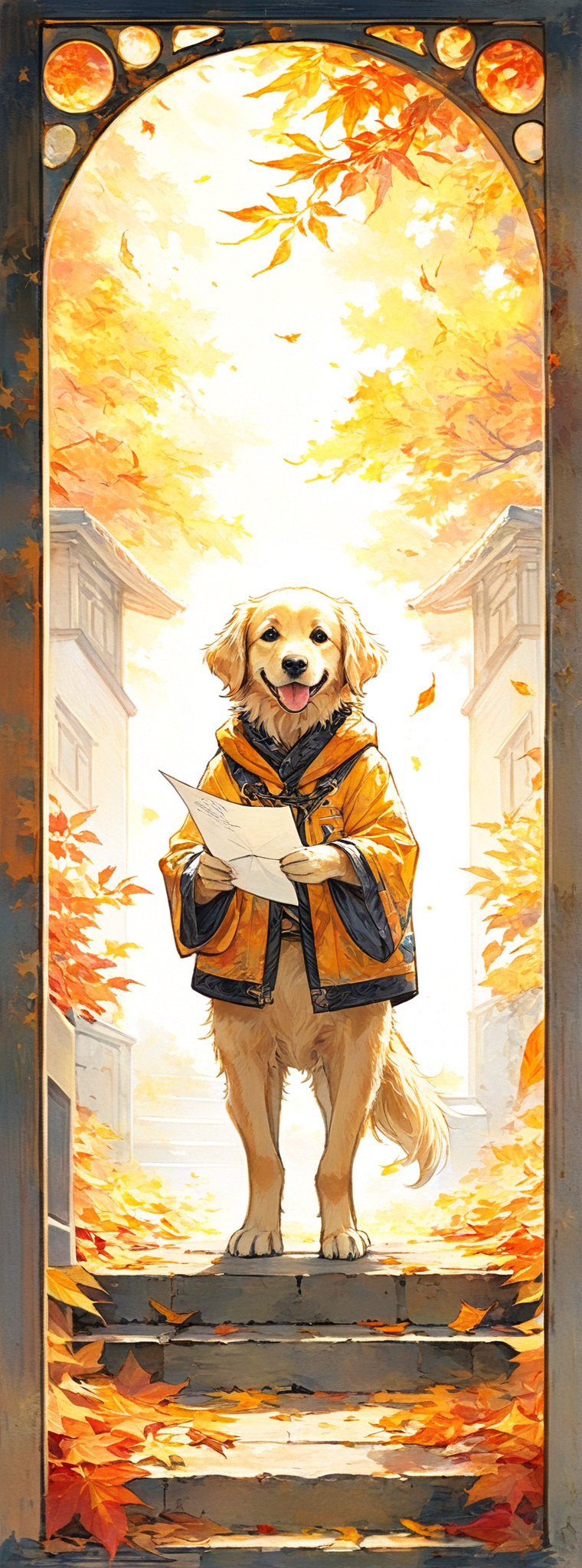 Title: "Autumn's Delivery"
Subtitle: "A Golden Message"

In a mesmerizing display of anime style artistry, a super fine illustration unfolds with highly detailed precision, capturing a dynamic angle that breathes life into the scene. The setting is in October, at the bright midday, where sunlight streams through the open door of a house's entrance, casting a warm glow on the surroundings. 

In the center of this picturesque moment, a Golden Retriever stands, its fur shimmering in the light as it carries an airmail letter in its mouth. The dog's expression is one of pure joy, its tail wagging happily as it completes its special delivery. The attention to detail in the dog's features is exquisite, from the gleam in its eyes to the way its fur catches the light.

Surrounding the entrance, autumn foliage paints a tapestry of colors, adding a touch of seasonal charm to the scene. The golden hues of the leaves complement the dog's coat, creating a harmonious blend of nature's beauty and the dog's cheerful presence. The overall atmosphere is peaceful and inviting, inviting the viewer to step into this moment of tranquility and warmth.

The composition of the illustration is expertly crafted, with each element meticulously placed to create a sense of balance and movement. The high resolution of 8k resolution allows for every detail to shine, from the individual strands of fur on the Golden Retriever to the intricate textures of the autumn leaves. The scene is so beautifully detailed that it feels almost tangible, inviting the viewer to reach out and touch the soft fur of the dog or feel the gentle rustle of the leaves in the breeze.

Authored by kyo8sai, this magnificent creation stands as a testament to the artist's creative prowess and was brought to life on 2024-10-08.The painting is signed 'kyo8sai' on the edge.
(Framed within an ornate, lacquerwork box adorned with intricate floral patterns she seem to be one with the artistry:1.1), 
(art nouveau style(The Law of Symmetry,golden ratio (approx. 1.6180339887)):1.1),

This artwork captures a dramatic yet sweet and heartwarming moment, where nature and companionship converge in a celebration of joy and connection. It is a visual symphony of emotion and beauty, a testament to the power of art to evoke feelings of happiness and contentment. As the Golden Retriever proudly delivers its message, it brings a sense of warmth and light to all who gaze upon this enchanting scene.anime style, super fine illustration, highly detailed, dynamic angle, beautiful detailed, 8k, In October, at the bright midday in front of a house's entrance, sunlight streams through the open door. BREAK A Golden Retriever carries an airmail letter in its mouth, looking joyful. Its fur shines in the light as it wags its tail. BREAK Around the entrance, autumn foliage can be seen, giving the scene a peaceful atmosphere.