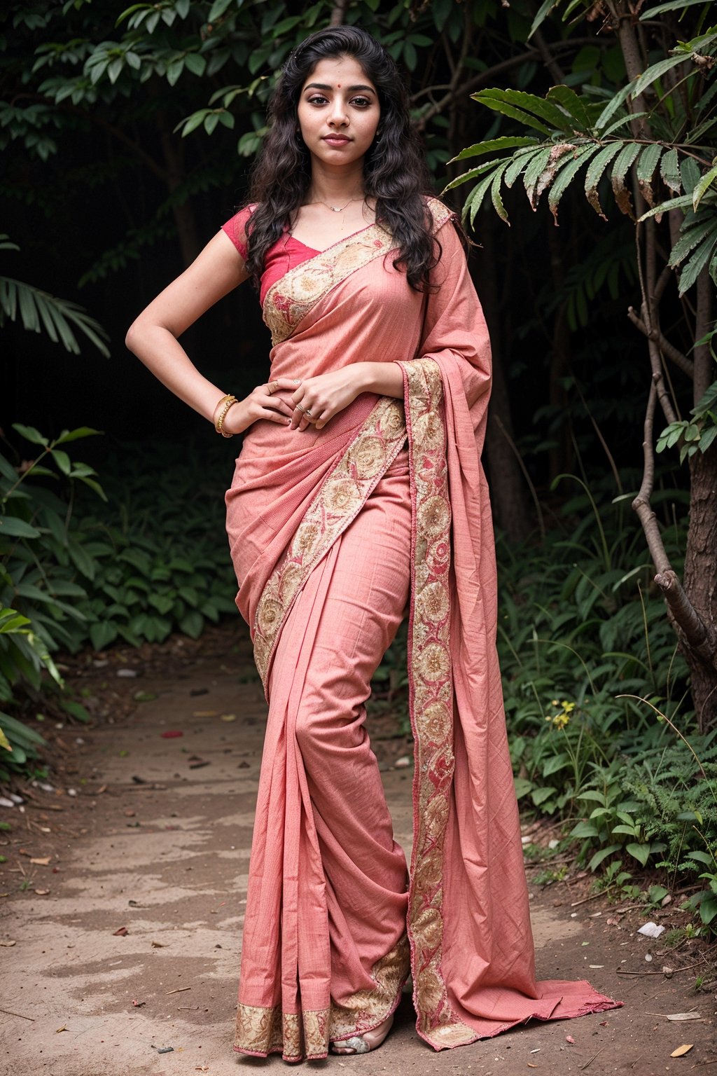 (masterpiece), 17 years,1 girl, in dark pink saree ,tall woman with yellow eyes, better hands, better fingers, smilie, jungle garden background , stylish pose, pout lips, Indian saree style,full body 