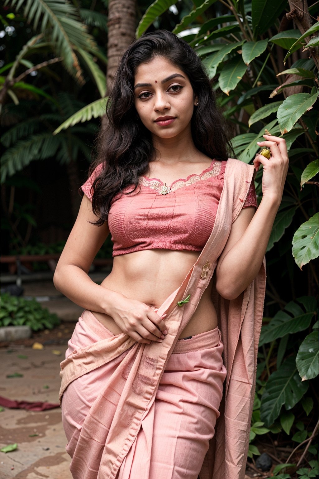 (masterpiece), 17 years,1 girl, in bright pink saree, pink blouse,tall woman with yellow eyes, better hands, better fingers, smilie, jungle garden background , stylish pose, pout lips, Indian style saree,full body , stylish, full body, standing 