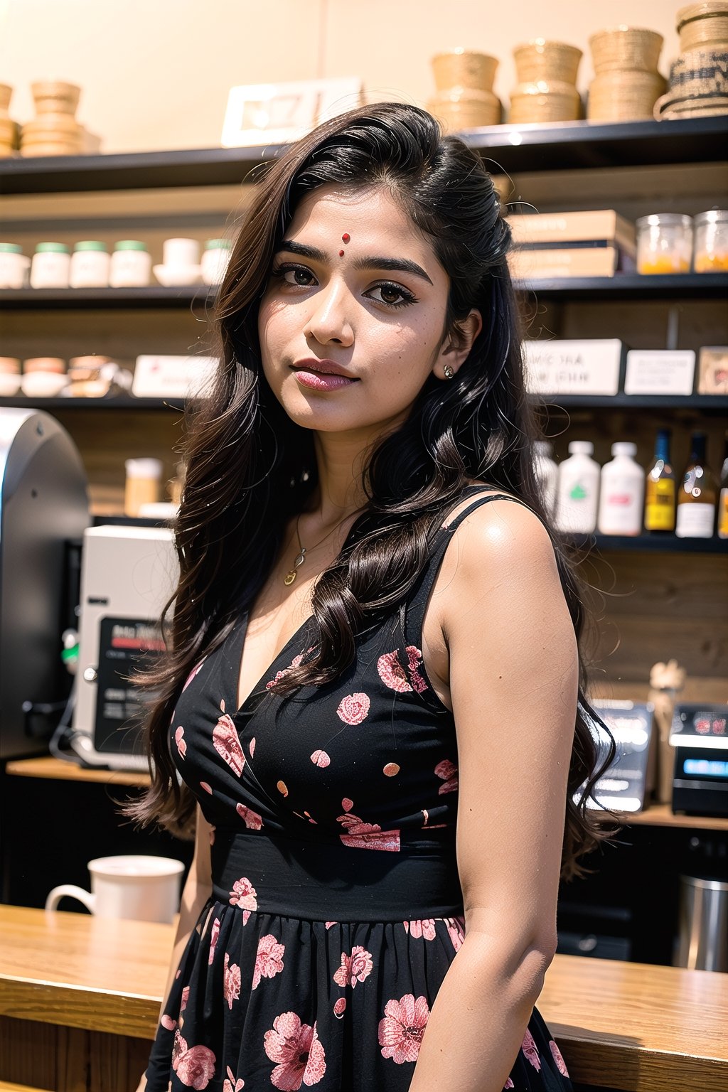 17 yearsindian instagram influencer, in black floral frock, long hair, black hair, in cafe shop, 