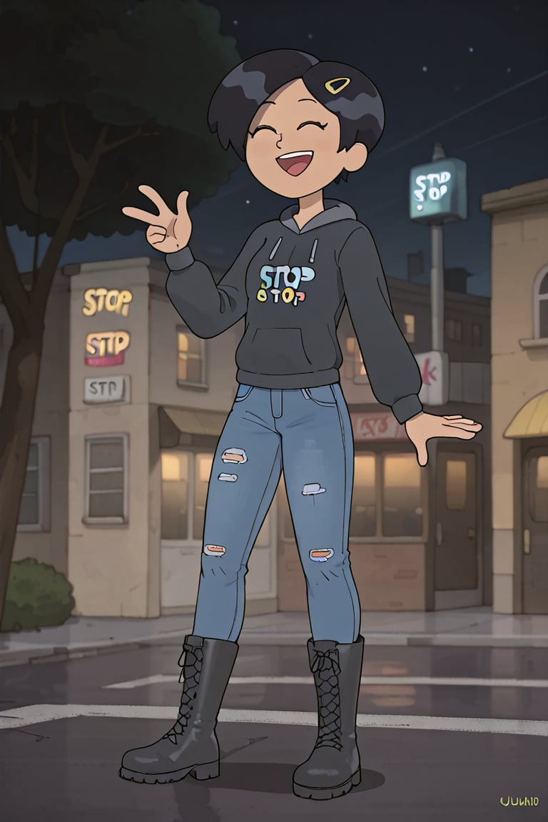 short hair girl((dark hair)),((happy look))

black sweatshirt, blue jeans, black boots, ((stop on the night street))