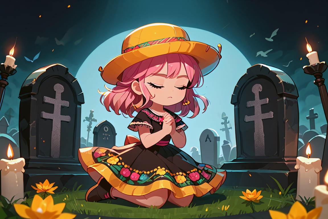 Pink-haired girl, pink eyes, smooth and fair skin, yellow hat,(eyes closed and concentrating)
[dress]/Traditional Mexican Black Dress (Shiny Embellishments)

[action]/Kneeling praying on a tombstone in a cemetery with candles, bread and yellow flowers(nightscape)
[full focus]

score_9, score_8_up, score_7_up, anime_source, Metanoia_PS,'s,score_6_up, score_4_upscore_5_up,(hig detail),,score_anime,anime screencap

[DIFUSION STABLE],1girl,beautiful,skg_umbrella