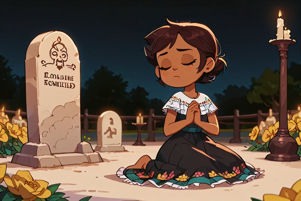 Girl with short brown hair, brown eyes, brown skin(eyes closed and concentrating)
[dress]/Traditional Mexican Black Dress (Shiny Embellishments)

[action]/Kneeling praying on a tombstone in a cemetery with candles, bread and yellow flowers(nightscape)
[full focus]

score_9, score_8_up, score_7_up, anime_source, Metanoia_PS,'s,score_6_up, score_4_upscore_5_up,(hig detail),,score_anime,anime screencap

[DIFUSION STABLE],1girl,beautiful,Luz Noceda