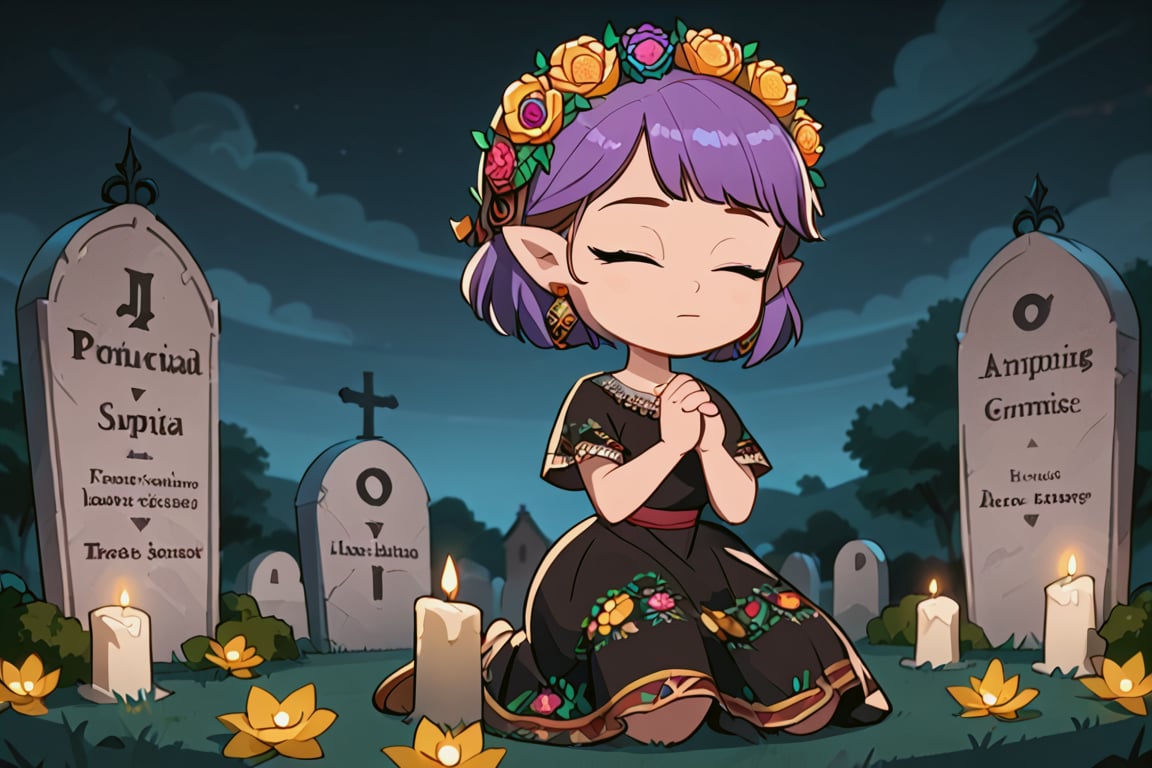 Girl with short purple hair, golden eyes, ountisharp ears(eyes closed and concentrating)
[dress]/Traditional Mexican Black Dress (Shiny Embellishments)

[action]/Kneeling praying on a tombstone in a cemetery with candles, bread and yellow flowers(nightscape)
[full focus]

score_9, score_8_up, score_7_up, anime_source, Metanoia_PS,'s,score_6_up, score_4_upscore_5_up,(hig detail),,score_anime,anime screencap

[DIFUSION STABLE],1girl,beautiful, amity blight 