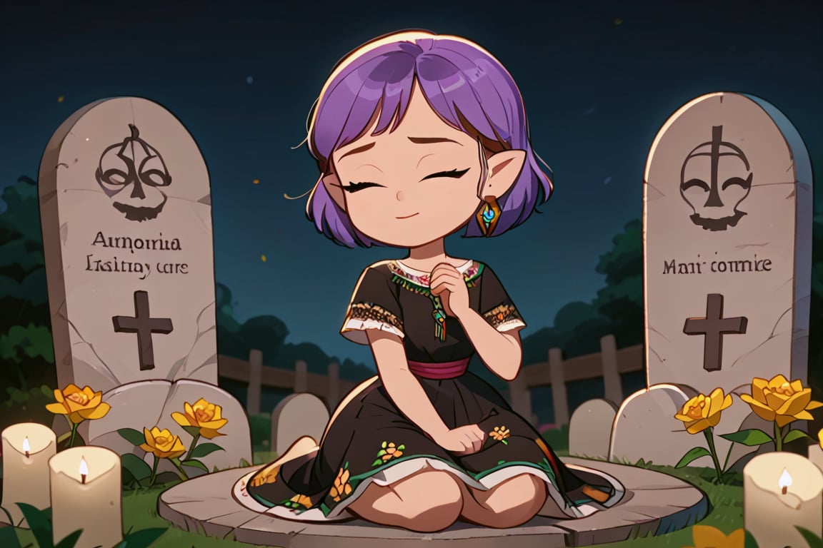 Girl with short purple hair, golden eyes, ountisharp ears(eyes closed and concentrating)
[dress]/Traditional Mexican Black Dress (Shiny Embellishments)

[action]/Kneeling praying on a tombstone in a cemetery with candles, bread and yellow flowers(nightscape)
[full focus]

score_9, score_8_up, score_7_up, anime_source, Metanoia_PS,'s,score_6_up, score_4_upscore_5_up,(hig detail),,score_anime,anime screencap

[DIFUSION STABLE],1girl,beautiful, amity blight 