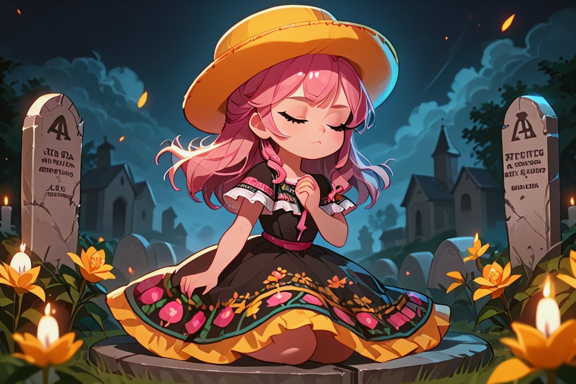 Pink-haired girl, pink eyes, smooth and fair skin, yellow hat,(eyes closed and concentrating)
[dress]/Traditional Mexican Black Dress (Shiny Embellishments)

[action]/Kneeling praying on a tombstone in a cemetery with candles, bread and yellow flowers(nightscape)
[full focus]

score_9, score_8_up, score_7_up, anime_source, Metanoia_PS,'s,score_6_up, score_4_upscore_5_up,(hig detail),,score_anime,anime screencap

[DIFUSION STABLE],1girl,beautiful,skg_umbrella