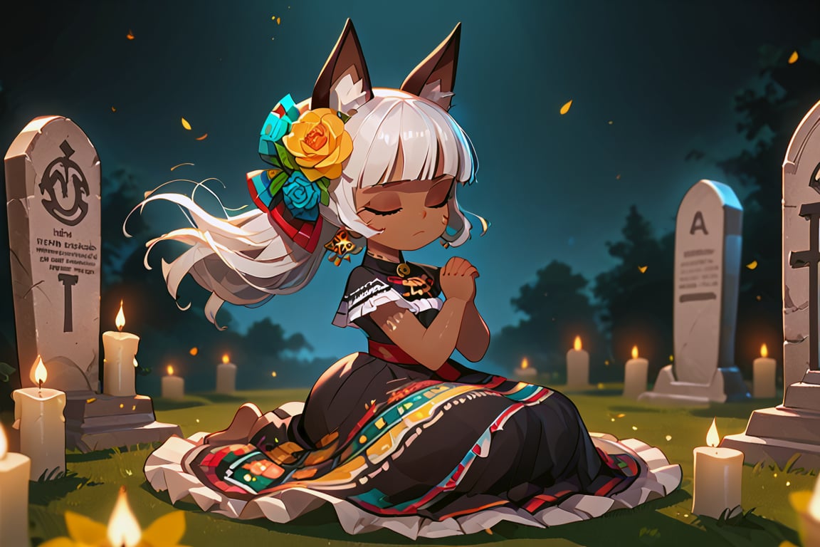 Girl with white hair, blue eyes, brown skin, cat ears,(eyes closed and concentrating)
[dress]/Traditional Mexican Black Dress (Shiny Embellishments)

[action]/Kneeling praying on a tombstone in a cemetery with candles, bread and yellow flowers(nightscape)
[full focus]

score_9, score_8_up, score_7_up, anime_source, Metanoia_PS,'s,score_6_up, score_4_upscore_5_up,(hig detail),,score_anime,anime screencap

[DIFUSION STABLE],1girl,beautiful,sgmsfortune