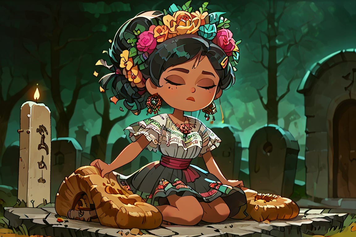 Girl with short black hair, gray eyes, brown skin,(eyes closed and concentrating)
[dress]/Traditional Mexican Black Dress (Shiny Embellishments)

[action]/Kneeling Praying on a Mexican tombstone in a cemetery with candles, bread and yellow flowers(nightscape)
[full focus]

score_9, score_8_up, score_7_up, anime_source, Metanoia_PS,'s,score_6_up, score_4_upscore_5_up,(hig detail),,score_anime,anime screencap

[DIFUSION STABLE],1girl,beautiful,Marcy Wu