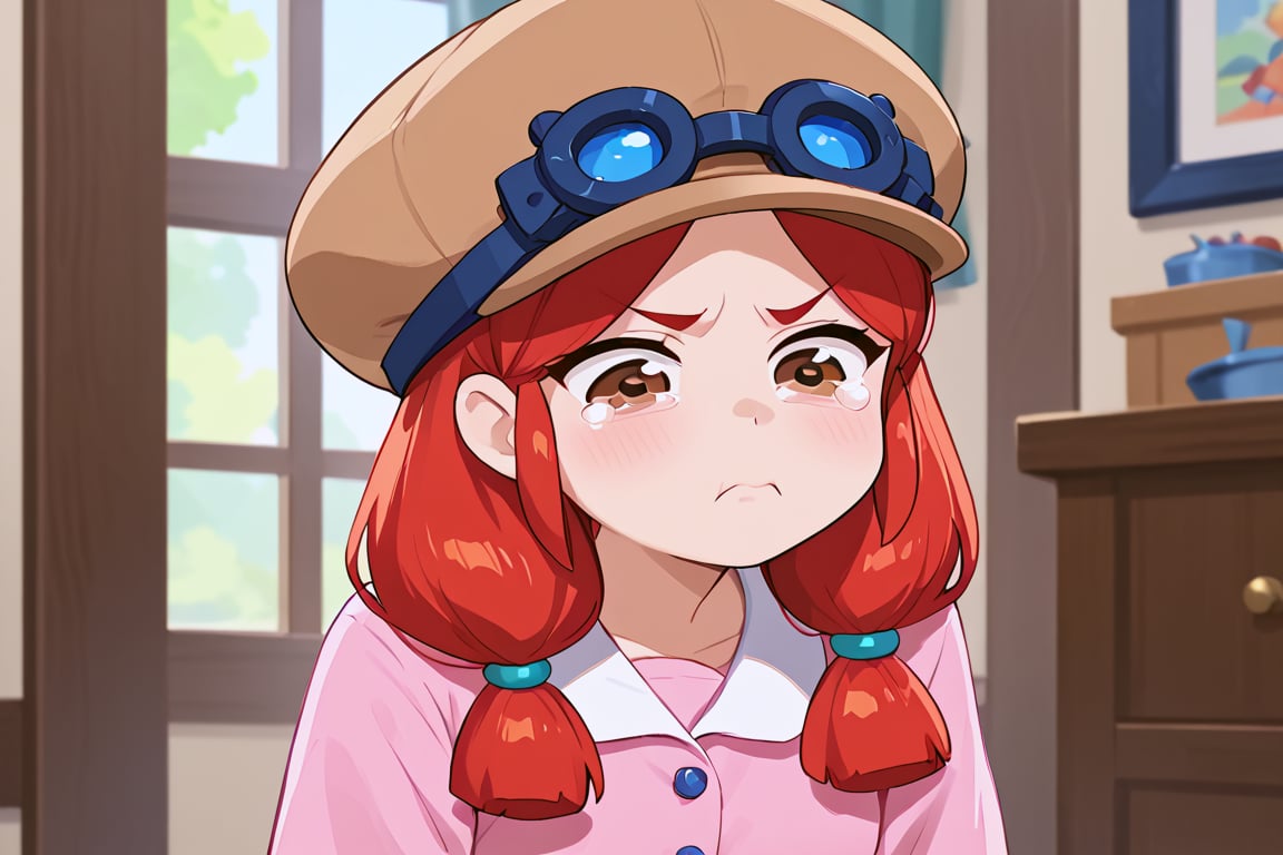 red-haired girl, brown eyes, fair skin, brown hat 

[clothing]/full pink pajamas.
[action]/crying and pouting
[full focus]

score_9, score_8_up, score_7_up, anime_source, Metanoia_PS,'s,score_6_up, score_4_upscore_5_up,(hig detail),,score_anime,anime screencap

[DIFUSION STABLE],1girl,beautiful,bsjessie