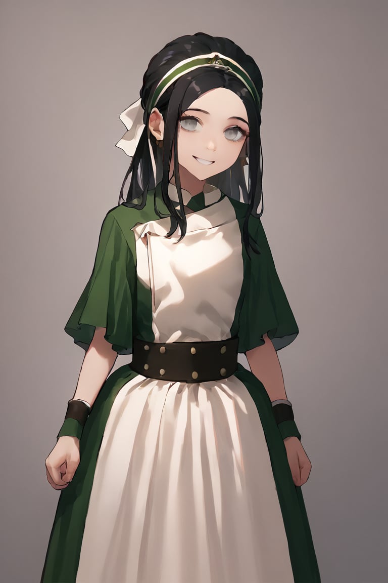 girl with black hair tied up with a headband, gray eyes, light skin (soft smile)

[clothing]/elegant 30's style green dress

score_9, score_8_up, score_7_up, anime_source, Metanoia_PS,'s,score_6_up, score_4_up

[DIFUSION STABLE],Vintage American illustration