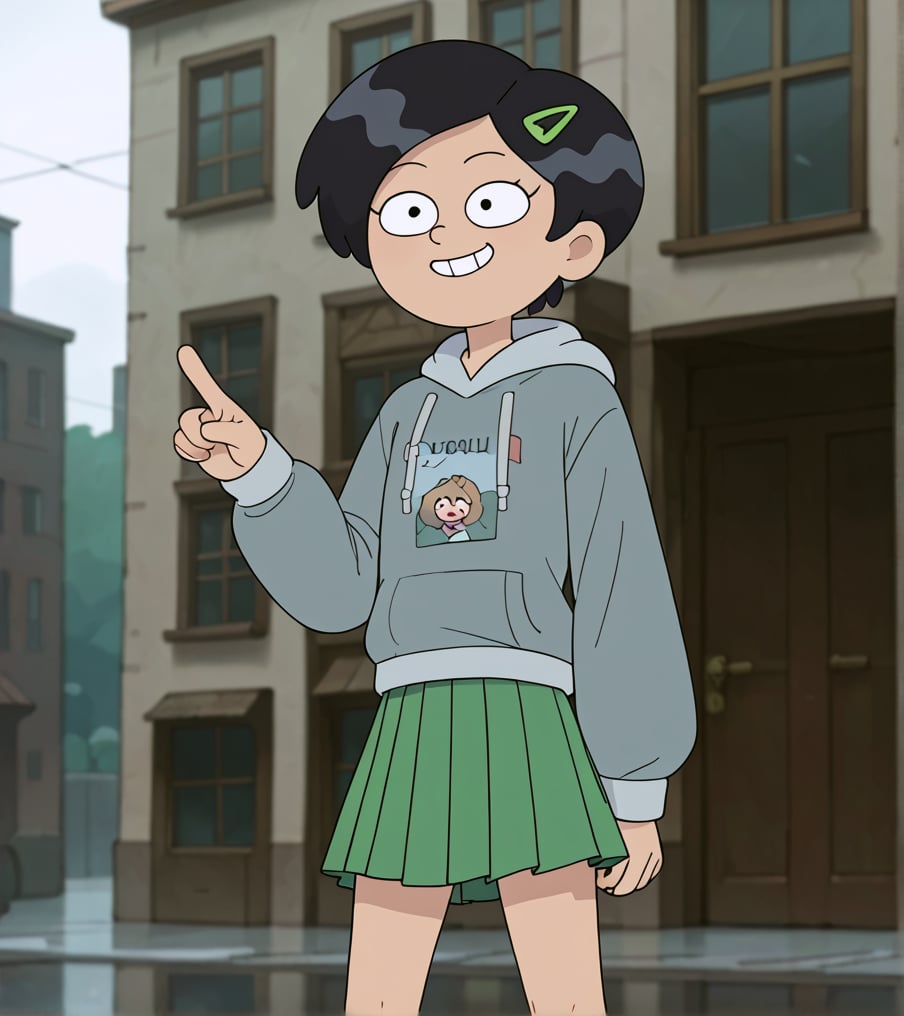 girl with short black hair, pin in her hair.(soft smile)

black sweater, short green skirt

[action]/with a victorious pose
full body focus
score_9, score_8_up, score_7_up, anime_source, Metanoia_PS,'s,score_6_up, score_4_upscore_5_up

[DIFUSION STABLE],Marcy Wu, short hair,grey hoodie, pleated skirt