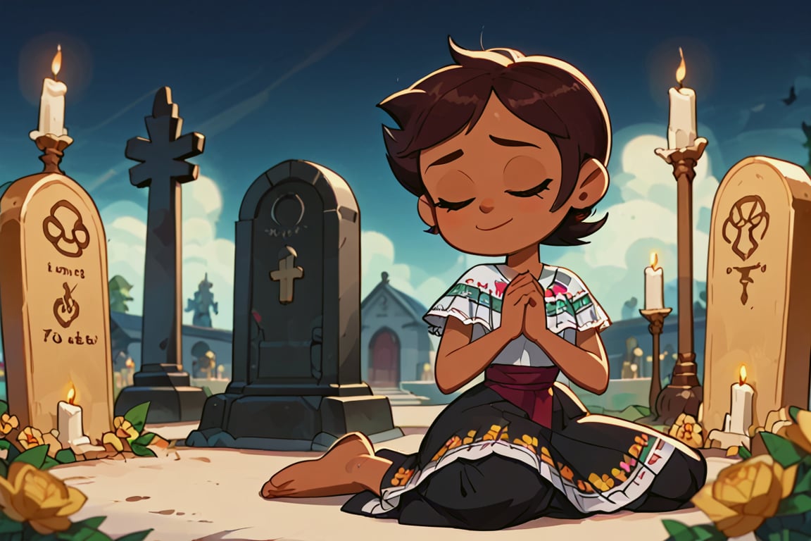 Girl with short brown hair, brown eyes, brown skin(eyes closed and concentrating)
[dress]/Traditional Mexican Black Dress (Shiny Embellishments)

[action]/Kneeling praying on a tombstone in a cemetery with candles, bread and yellow flowers(nightscape)
[full focus]

score_9, score_8_up, score_7_up, anime_source, Metanoia_PS,'s,score_6_up, score_4_upscore_5_up,(hig detail),,score_anime,anime screencap

[DIFUSION STABLE],1girl,beautiful,Luz Noceda