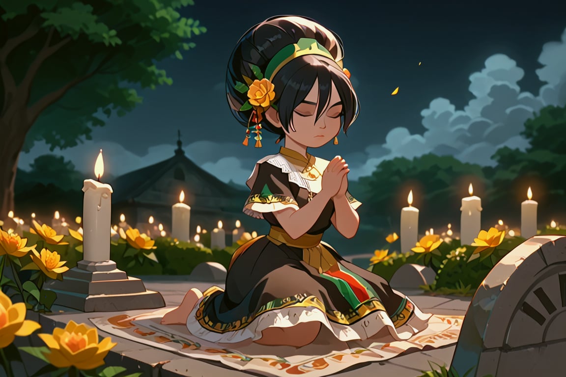 girl with black hair up, gray eyes, fair skin.(eyes closed and concentrating)
[dress]/Traditional Mexican Black Dress (Shiny Embellishments)

[action]/Kneeling Praying on a Mexican tombstone in a cemetery with candles, bread and yellow flowers(nightscape)
[full focus]

score_9, score_8_up, score_7_up, anime_source, Metanoia_PS,'s,score_6_up, score_4_upscore_5_up,(hig detail),,score_anime,anime screencap

[DIFUSION STABLE],1girl,beautiful,Fair skin,toph beifong