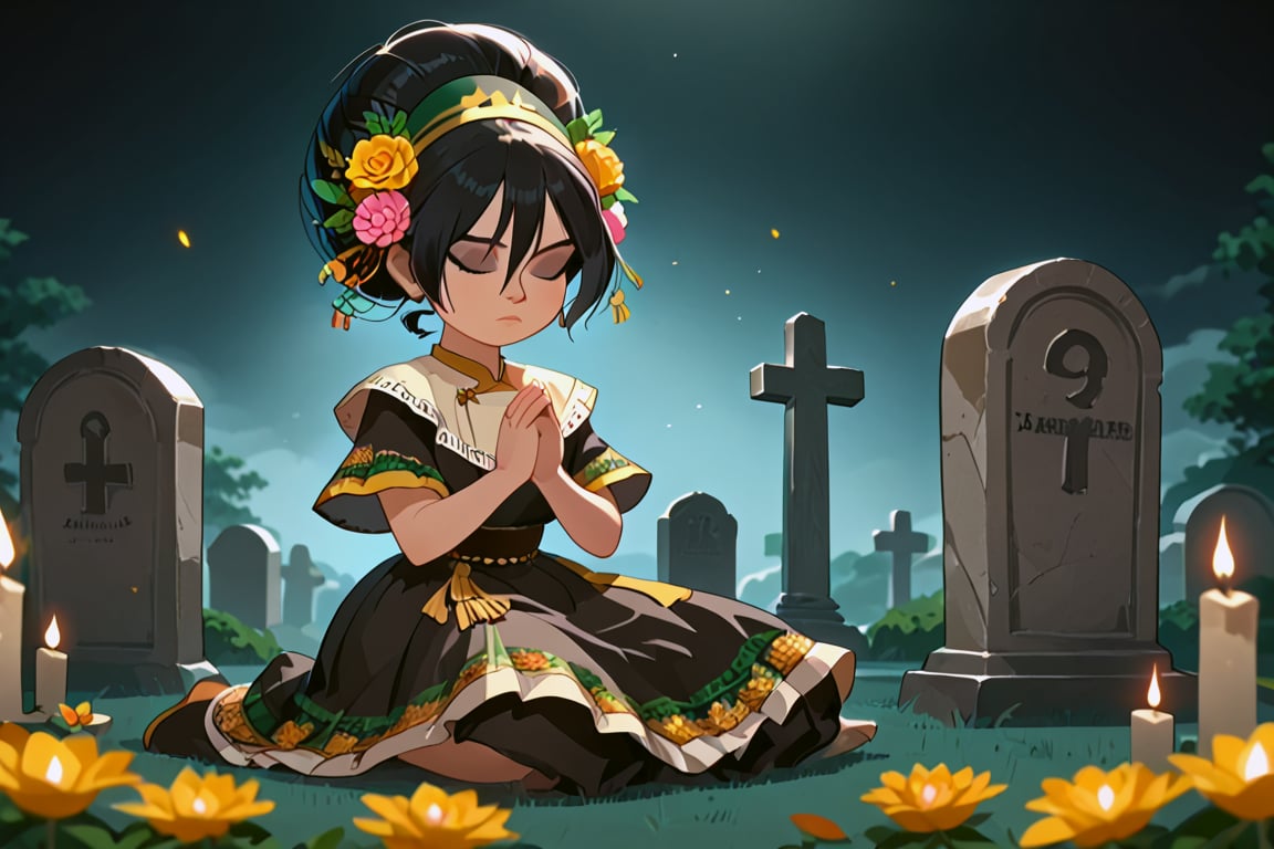 girl with black hair up, gray eyes, fair skin.(eyes closed and concentrating)
[dress]/Traditional Mexican Black Dress (Shiny Embellishments)

[action]/Kneeling Praying on a Mexican tombstone in a cemetery with candles, bread and yellow flowers(nightscape)
[full focus]

score_9, score_8_up, score_7_up, anime_source, Metanoia_PS,'s,score_6_up, score_4_upscore_5_up,(hig detail),,score_anime,anime screencap

[DIFUSION STABLE],1girl,beautiful,Fair skin,toph beifong