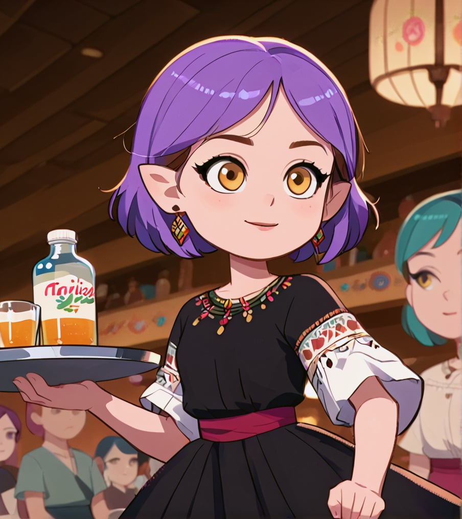 Girl with short purple hair, golden eyes, ountisharp ears
[clothing]/traditional Mexican black dress

[action]/Standing in front holding a tray with a bottle of tequila in her hands (nightscape)

[central Focus]

score_9, score_8_up, score_7_up, anime_source, Metanoia_PS,'s,score_6_up, score_4_upscore_5_up,(hig detail),,score_anime,anime screencap

[DIFUSION STABLE],1girl,beautiful,amity blight,zzChichenItza