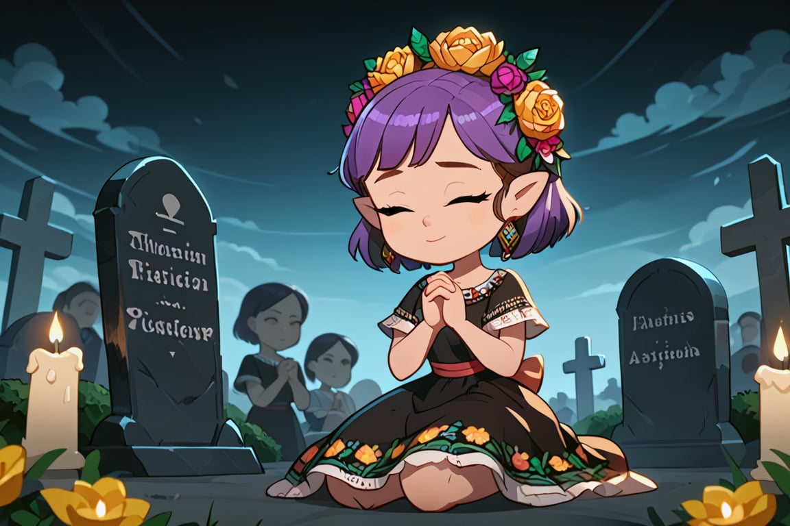 Girl with short purple hair, golden eyes, ountisharp ears(eyes closed and concentrating)
[dress]/Traditional Mexican Black Dress (Shiny Embellishments)

[action]/Kneeling praying on a tombstone in a cemetery with candles, bread and yellow flowers(nightscape)
[full focus]

score_9, score_8_up, score_7_up, anime_source, Metanoia_PS,'s,score_6_up, score_4_upscore_5_up,(hig detail),,score_anime,anime screencap

[DIFUSION STABLE],1girl,beautiful, amity blight 