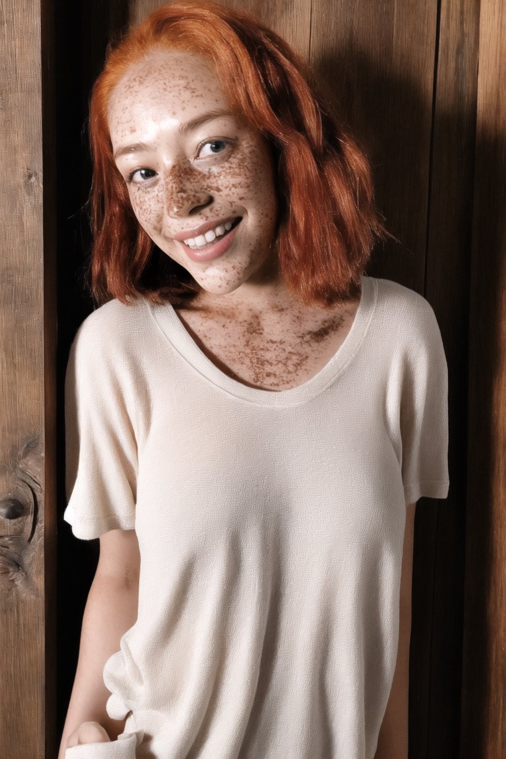 A warm and inviting scene: a redhead with freckles sprinkled across her face and torso poses confidently in front of a rustic wooden dooropen blue eyes, sexy smile. A loose-fitting white t-shirt clings to her curves, drawing attention to the radiant smile spreading across her freckled features. The soft lighting casts a golden glow on her complexion, emphasizing the intricate patterns of her freckles.