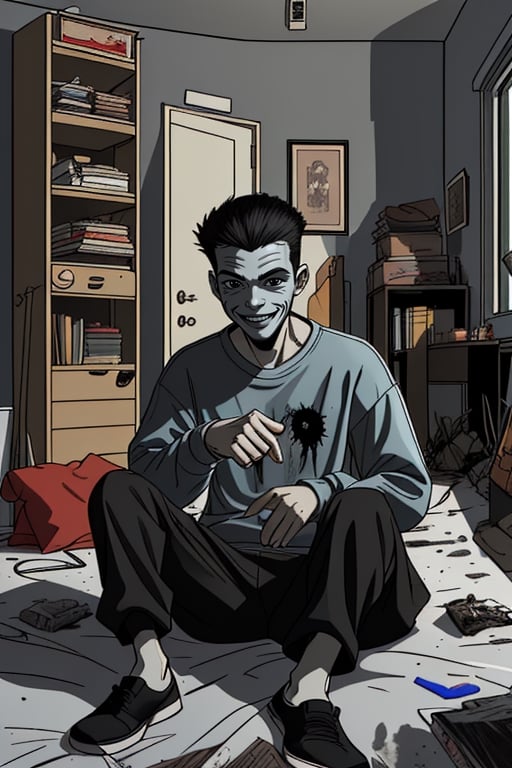 HORROR,slim young man,with three faces in one head,sitting in his dark and messy apartment,bored,baggy clothes