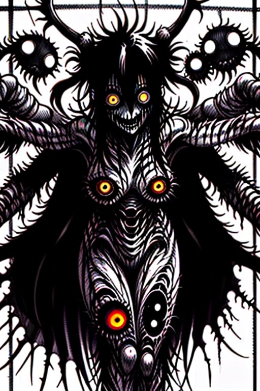 horrible creature with many arms and many eyes and,HORROR,BlackworkStyleManityro