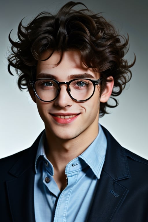 high quality,  high detail, adult boy, curly hair, cute face, big glasses, italian, black eyes, kind and calm eyes, wearing long jacket, blue shirt,  smiling