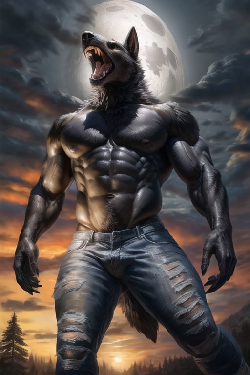 (By spectrumshift)(werewolf,brown and black fur)(big boy)(muscular)(detailed,perfect)(outside howling at the moon)(ripped jeans)