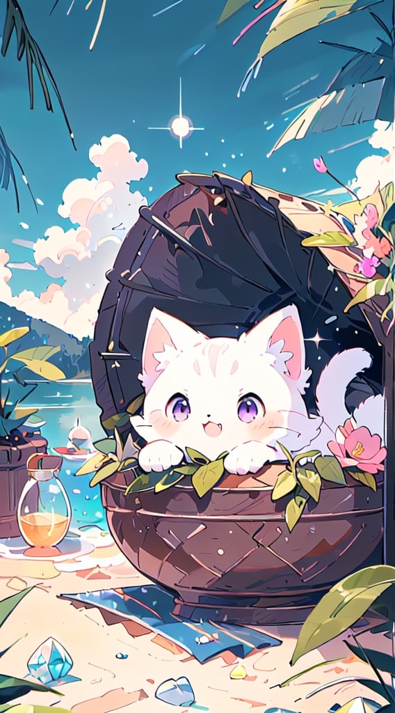 white cat, purple eyes,(masterpiece), (best quality), (ultra-detailed), (masterpiece), (best quality), (ultra-detailed), 4K resolution, High resolution, professionall quality, detailed picture, perfectly drawn objects,more prism, vibrant color,no people,wisteria,Jinsha,Transparent stardust,star,crystal garden,crystal flower,crystal city,crystal sea,crystal cave,lake,crystal shape, crystal thorn, crystal vine, glass thorn, glass Vine, Crystal Bush, Glass Bush,crystal lily,glass crystal,no word,summer,morning ,cat