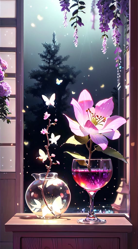 Butterfly,(masterpiece), (best quality), (ultra-detailed), (masterpiece), (best quality), (ultra-detailed), 4K resolution, High resolution, professionall quality, detailed picture, perfectly drawn objects,more prism, vibrant color,no people,wisteria,Jinsha,Transparent stardust,sakura,star,crystal garden,crystal flower,crystal city,crystal sea,crystal cave,lake,crystal shape, crystal thorn, crystal vine, glass thorn, glass Vine, Crystal Bush, Glass Bush,rose,cherry blossom tree,crystal lily,glass crystal,Butterfly,wine glass,diamond,flower on glass,no word, raining