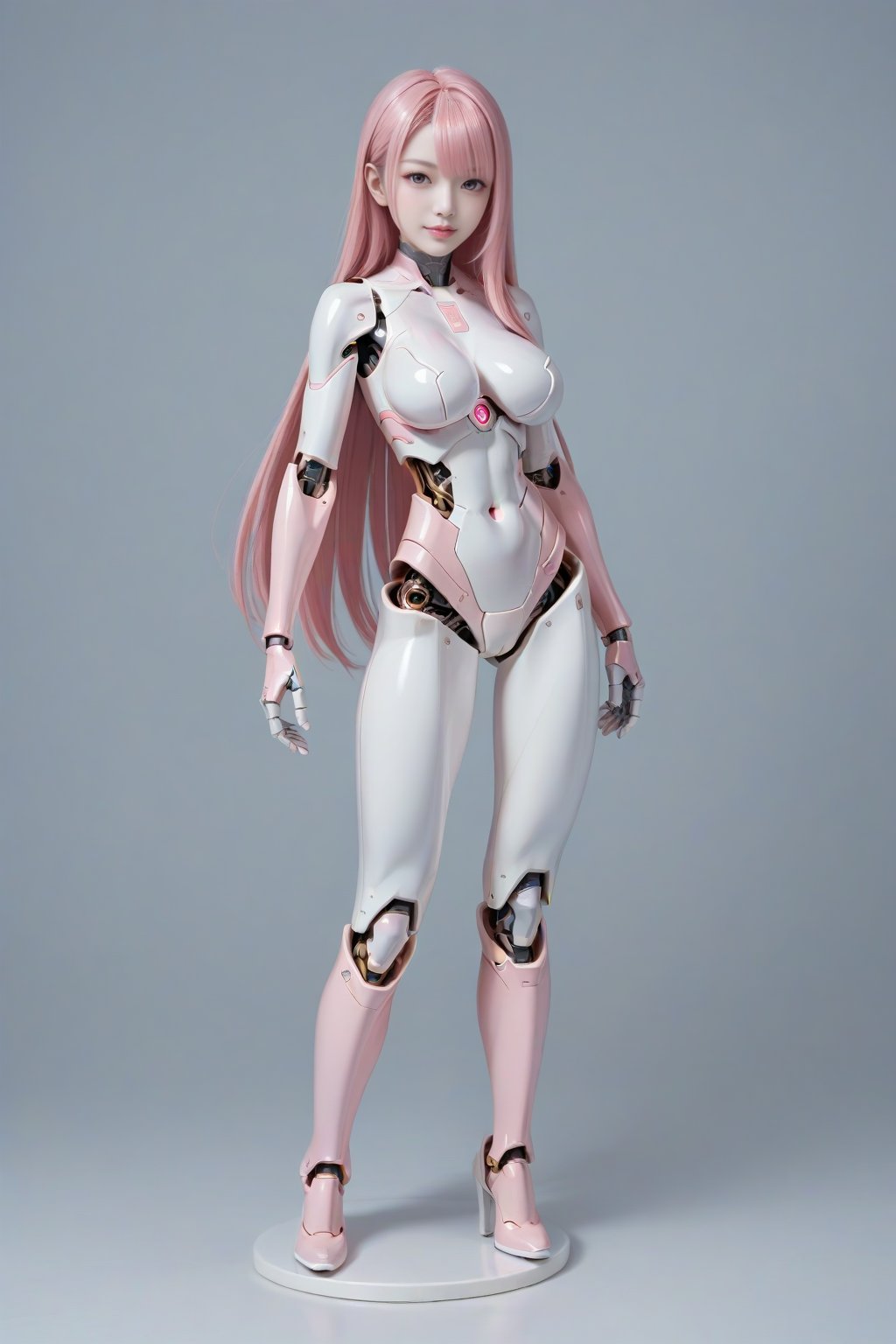 score_9, score_8_up, score_7_up, 1girl, solo, pink eyes, glowing eyes, robot joints, long hair, looking at viewer, glowing, pink hair, android, colored skin, Kunaboto, figure, ,figurine