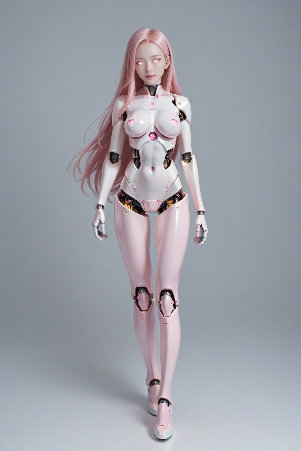 score_9, score_8_up, score_7_up, 1girl, solo, pink eyes, glowing eyes, robot joints, long hair, looking at viewer, glowing, pink hair, android, colored skin, Kunaboto, figure, ,figurine