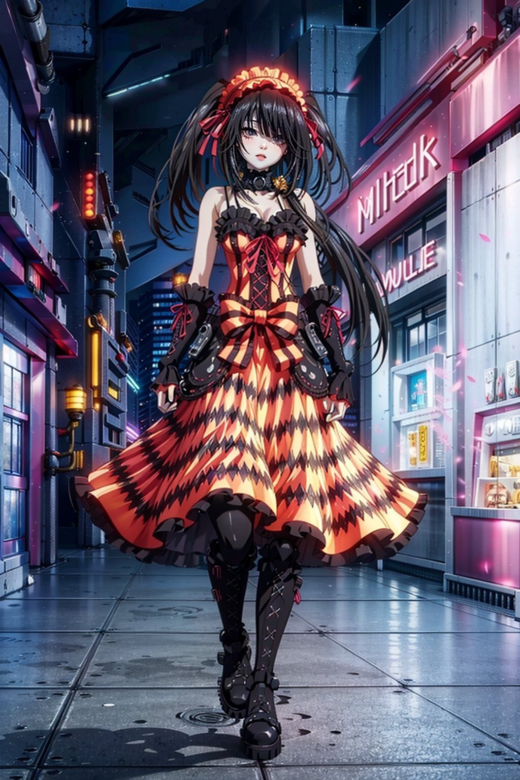 highly detailed, high quality, masterpiece, beautiful (full shot) 1 girl, alone, kurumi tokisaki from Date a Live (open eyes, red right eye, yellow left eye, black hair, with pigtails, thin, black leather boots, tight red latex suit, black gloves, black corset, robotic limbs, shiny cyborg limbs, full body, city at night, cyberpunk city, walking in the middle of a lonely street, mecha, cyborggirl ,Kurumi_Tokisaki