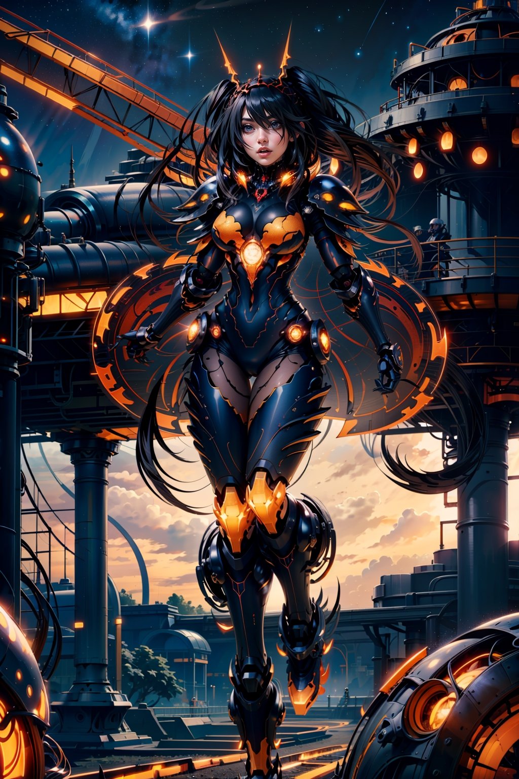 highly detailed, high quality, masterpiece, beautiful (full shot), 1 girl, alone, Kurumi Tokisaki from Date a Live (open eyes, red right eye, yellow left eye, black hair, hair in pigtails, slim body, full body , red armor, black limbs, flying head-on, flying in the sky, at night, starry night, planets, best quality,spartan,cyber_armor,tokisaki_kurumi,Arcadia armor,wsprmr