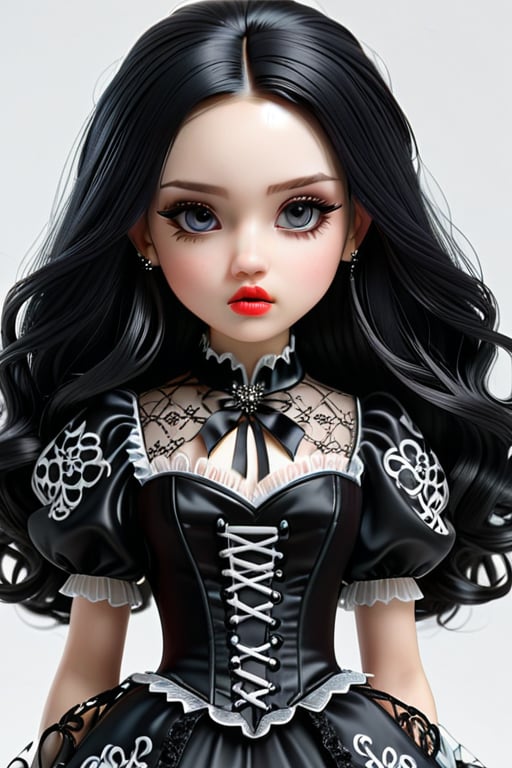 highly detailed 3d illustration (best quality, realistic, high-resolution), colorful full length head to toe full body character illustration of a chibi kawaii style cute adorable teenage girl. She is wearing a fancy gothic dress and matching shoes. Her pale white skin is extremely detailed and realistic, with a natural and lifelike texture. She has big glassy eyes with lush long eyelashes, a tiny nose and full lips. She has long black hair. The background is pure white which creates a striking contrast to the dark gothic clothing. The ornate pattern on her long dress represent her royal vampire style. The lighting accentuates the contours of her face, adding depth and dimension to the illustration. The overall head to toe composition is masterfully done, showcasing the intricate details and achieving a high level of realism. full length head to toe view. solid white background.