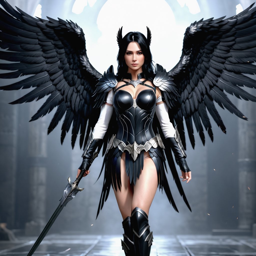 dark valkyrie, black hair, black angel wings, full body shot, photo realistic, high_res, 8k