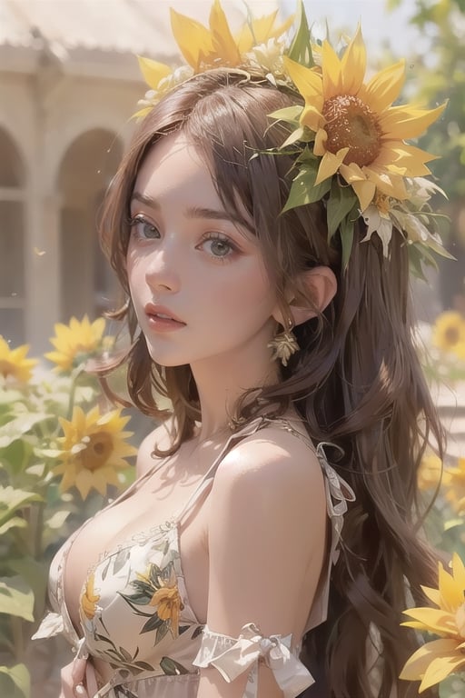  A beautiful woman. Sunflower field. Best Quality, Crazy Details and Sharp Focus, Masterpiece, Professional, Award Winning, Fine Detail, High Detail, UHD, 64k, Soft Look,flwrdrss