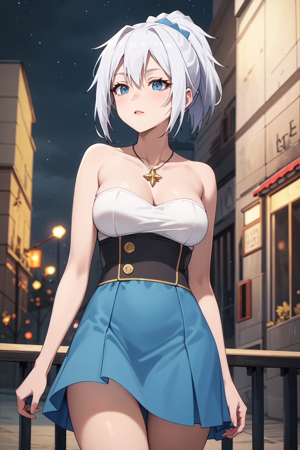 (masterpiece,  best quality,  intricate detail),  (illustration),  (beautiful detailed eyes),  (1girls),  (solo),  (beautiful detailed hair),  (better lights,  better shadows),  (breasts apart,  medium breasts,  wide hips,  milf,  mature female:1.2),  city),  soft ambient lighting,  (blush:1.5),  looking at viewer,  (standing,  contrapposto,  thigh gap:1.2),  (facing viewer:1.5),  (Velzard,  blue eyes,  silver hair,  hair streaks),  (bangs,  hair between eyes,  short ponytail:1.2),  (while dress with blue skirt)  closed mouth,  sad face,  frown,  (half closed eyes:1.2),  sexy girl, outdoors, fireworks, night sky, looking at the fireworks in the sky with a smile as if enchanted by the beauty, side view of the girl looking up, wide shot, 