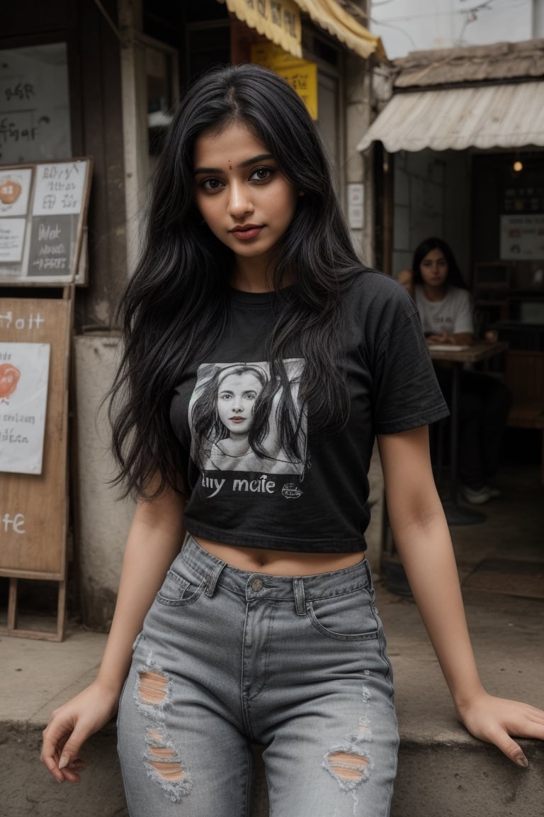 Lovely cute young attractive indian  girl, 35 years old, cute model, long black_hair, black  hair, They are wearing printed t-shirt and black jeans  and white shoes,and she is starting  The Village area roadside coffee shop
good fit body

