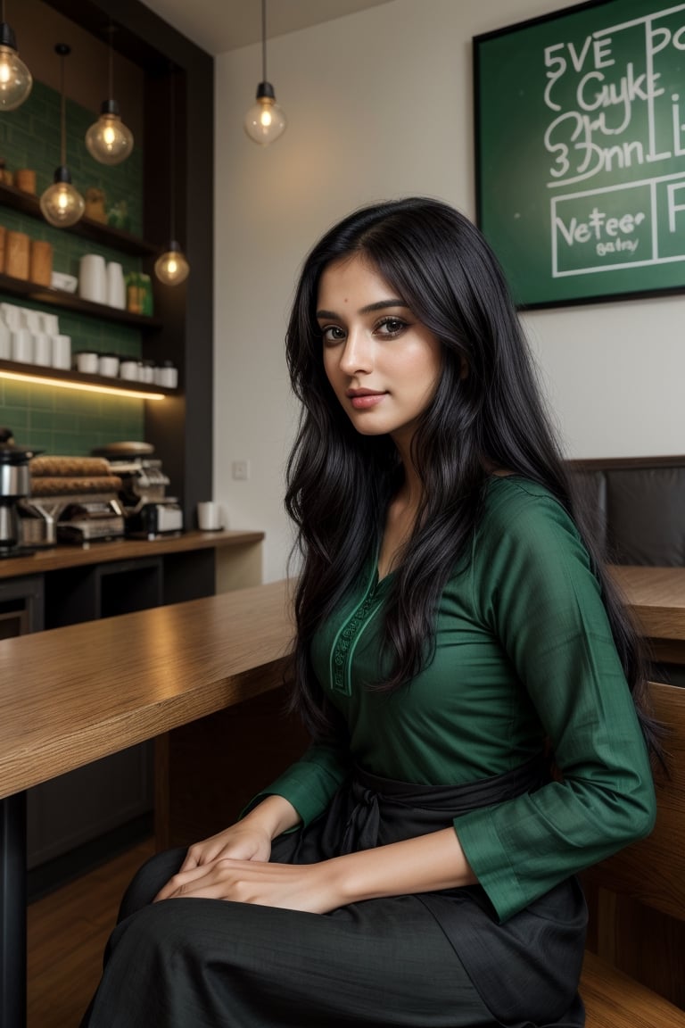 Lovely cute young attractive indian  girl, 35 years old, cute model, long black_hair, black  hair, They are wearing a   green kurta, and she is sit in coffee shop, 